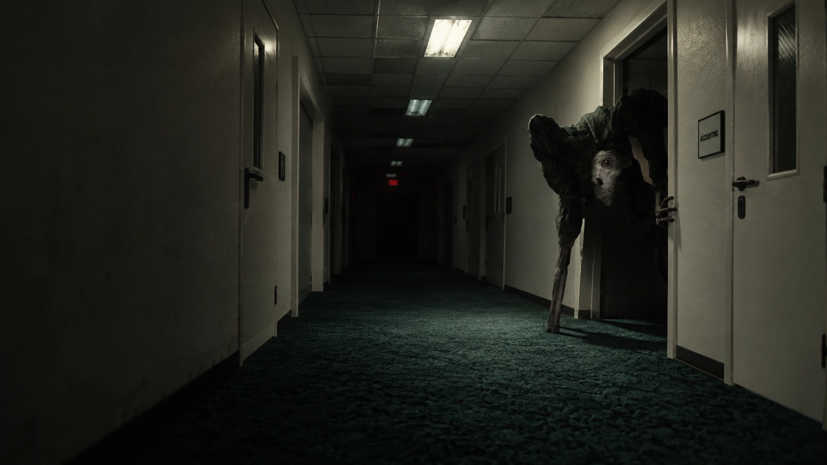 Cinematic render of the game's gaunt Office creature watching from a doorway.