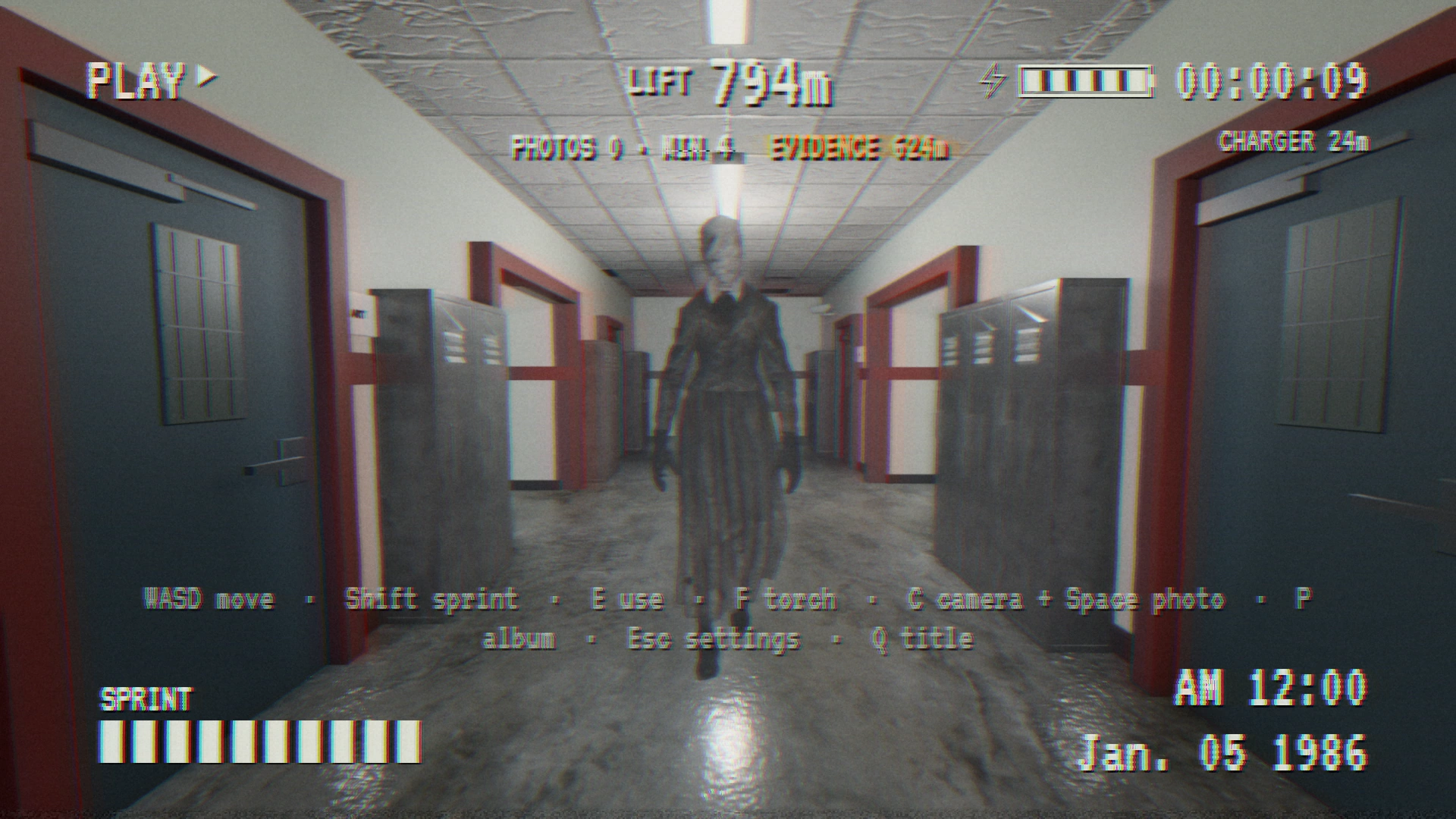 A creature approaches in the School corridor with the native game HUD visible.